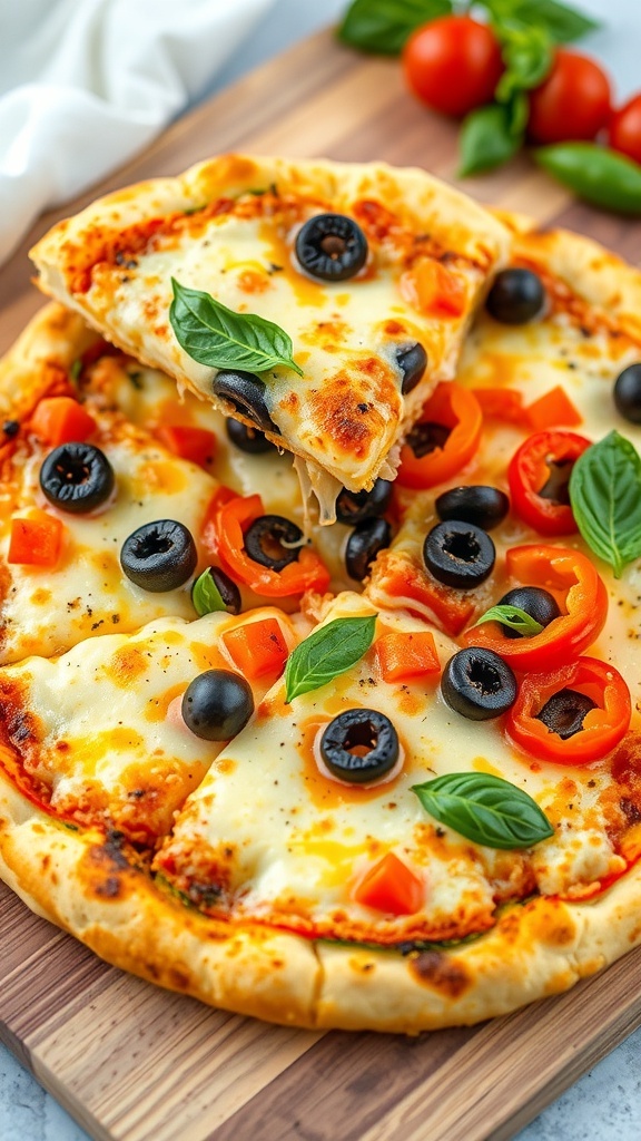 A golden-brown zucchini pizza crust topped with cheese and vegetables on a wooden board.